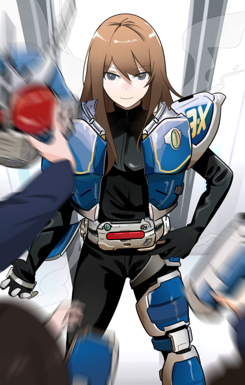 1girl, 2others, absurdres, asamiya_mariko_(holeecrab), belt, black_bodysuit, black_gloves, blue_eyes