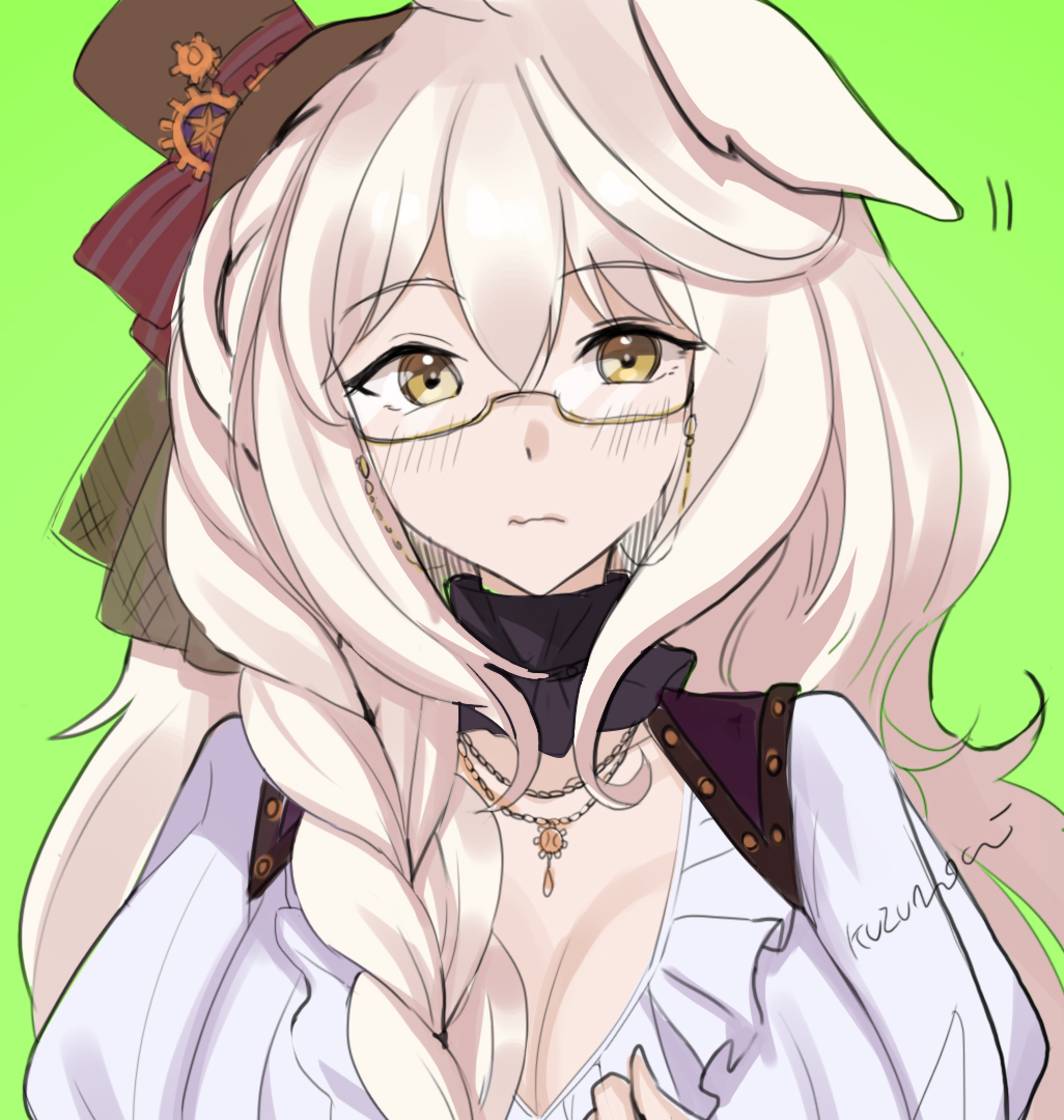 1girl, animal_ears, biwa_hayahide_(uchronia_architect)_(umamusume), biwa_hayahide_(umamusume), blush, braid, breasts, brown-framed_eyewear