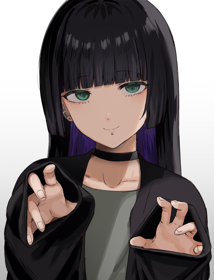 1girl, black_choker, black_hair, black_jacket, blunt_bangs, bocchi_the_rock!, chin_piercing, choker