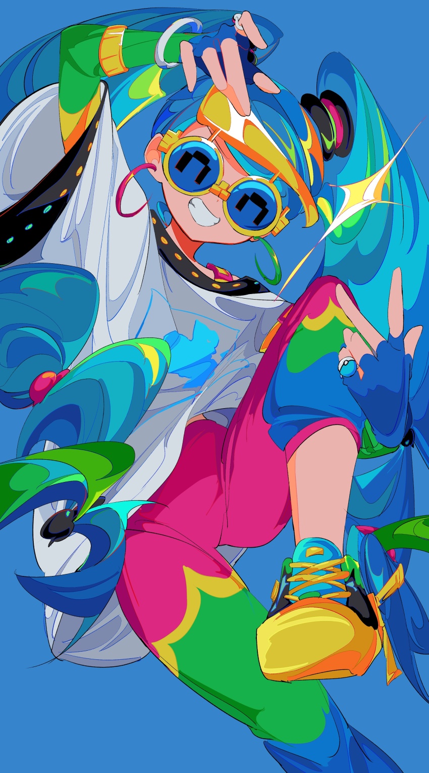 1girl, ^_^, absurdres, arm_up, asymmetrical_pants, blue_background, blue_hair, blue_pants