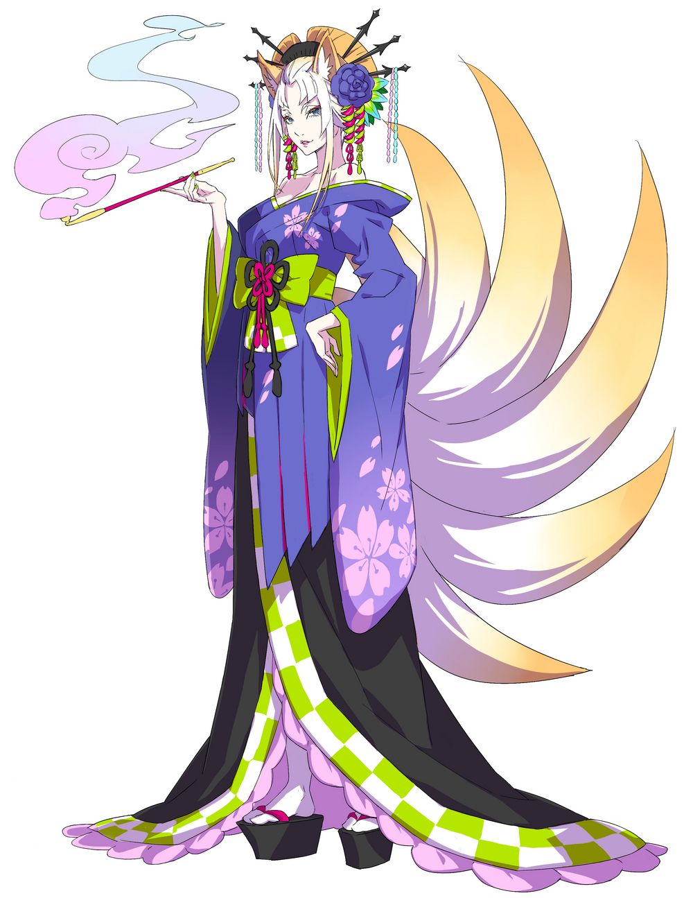 animal_ears, bare_shoulders, dress, earrings, floral_print, flower, fox_ears, fox_girl, fox_tail, geta, green_nails, hair_flower, hair_ornament, hand_on_own_hip, highres, japanese_clothes, jewelry, kimono, kiseru, multiple_tails, nail_polish, non-web_source, off-shoulder_dress, off_shoulder, okobo, ootsuka_shin'ichirou, orange_hair, platform_sandals, purple_flower, re:zero_kara_hajimeru_isekai_seikatsu, ribbon, sandals, smoke, smoking_pipe, tail, white_background, white_hair, wide_sleeves, yorna_mishigure