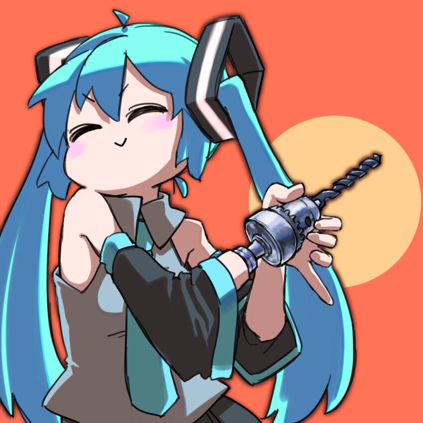 1girl, :>, ^_^, ahoge, android, black_sleeves, blue_hair, blue_necktie, blush, chilei_ohtzu, closed_eyes, closed_mouth, collared_shirt, commentary, detached_sleeves, drill_bit, facing_to_the_side, grey_shirt, hair_ornament, hatsune_miku, highres, holding_tool, long_hair, mechanical_arms, necktie, orange_background, parody, pokemon, power_drill, project_voltage, prosthetic_tool, shirt, sleeveless, sleeveless_shirt, smile, solo, twintails, two-tone_background, v-shaped_eyebrows, vocaloid