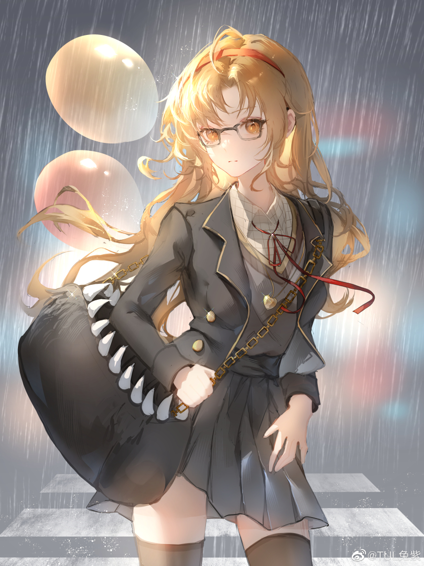 1girl, absurdres, ahoge, bag, balloon, black_bag, black_thighhighs, blonde_hair, blue_background, blurry, blurry_background, closed_mouth, collared_shirt, cowboy_shot, crosswalk, glasses, grey-framed_eyewear, grey_jacket, grey_skirt, grey_vest, hairband, hand_on_own_thigh, highres, jacket, jewelry, long_hair, looking_at_viewer, melania_(reverse:1999), miniskirt, neck_ribbon, pendant, pleated_skirt, rain, red_hairband, red_ribbon, reverse:1999, ribbon, school_uniform, shirt, shoulder_bag, skirt, solo, thighhighs, tul_tuzi, vest, watermark, weibo_watermark, white_shirt, yellow_eyes, zettai_ryouiki