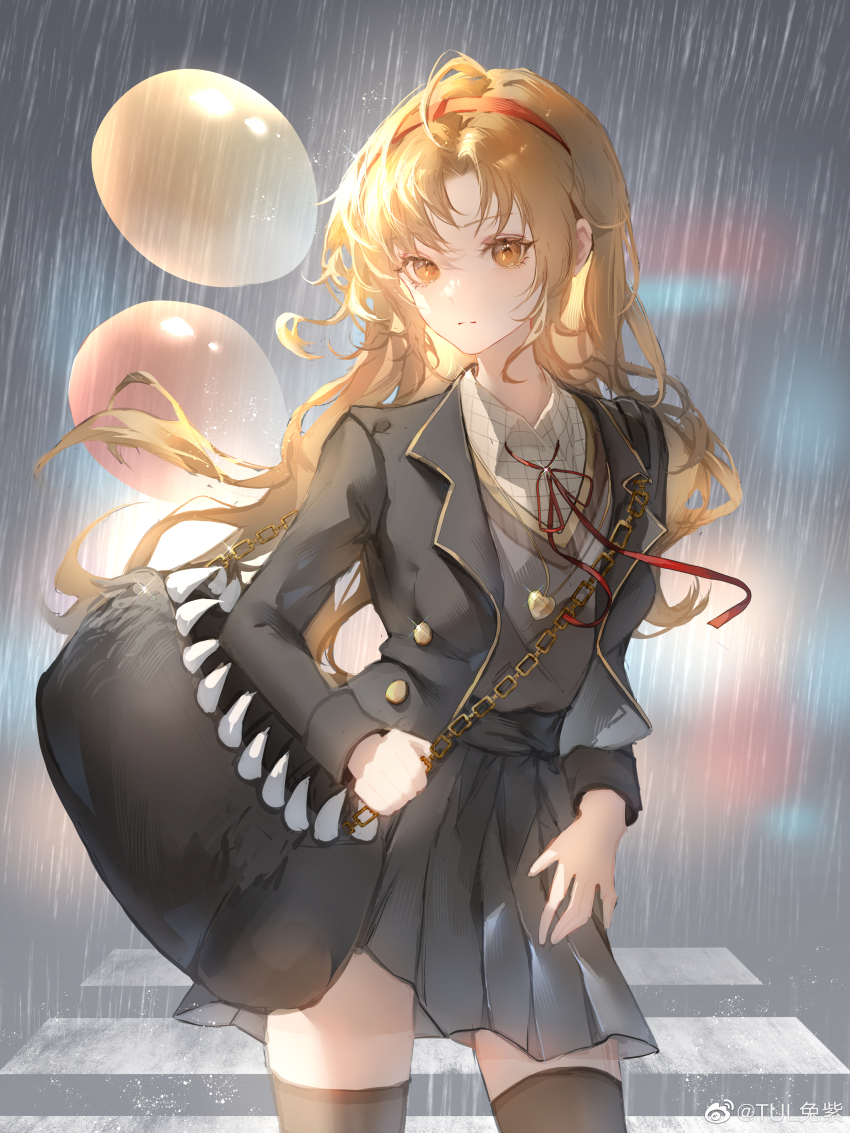 1girl, absurdres, ahoge, bag, balloon, black_bag, black_thighhighs, blonde_hair