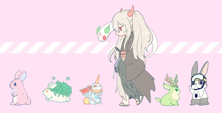 1girl, danger!?_jackalope?, duel_monster, ghost_ogre_&amp;_snow_rabbit, highres, horns, jackalope, japanese_clothes, kalantosa_mystical_beast_of_the_forest, kimono, long_hair, melffy_rabby, odd_one_out, oni_horns, pink_background, rabbit, rescue_rabbit, salamangreat_almiraj, sandals, simple_background, species_connection, sword, tattered_clothes, tdnei666, weapon, white_hair, yu-gi-oh!