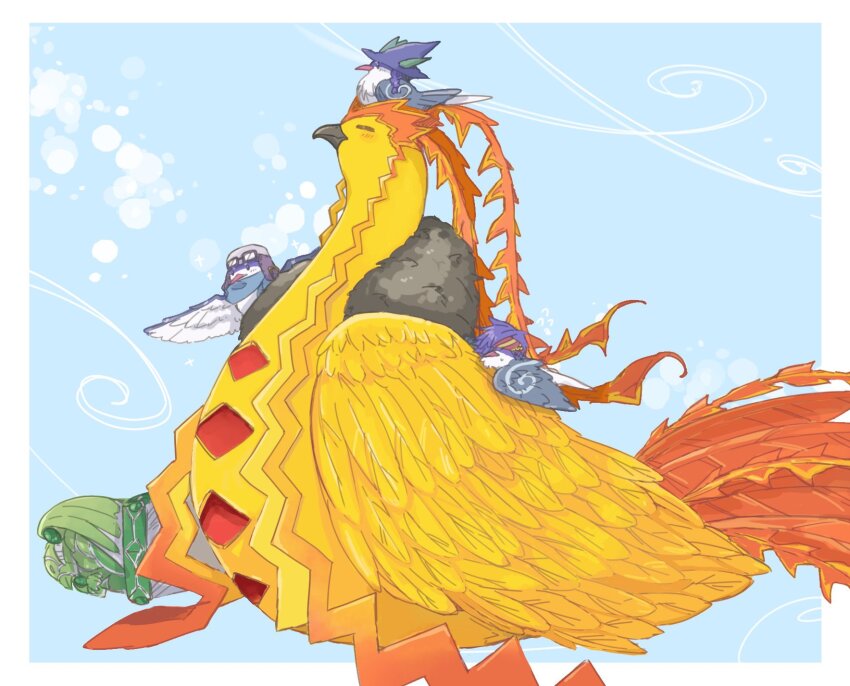 animal_focus, aviator_cap, barrier_statue_of_the_stormwinds, bird, closed_eyes, duel_monster, floowandereeze, hat, headband, highres, light_blush, mist_valley_apex_avian, no_humans, outdoors, size_difference, sky, statue, tdnei666, wind, wizard_hat, yu-gi-oh!