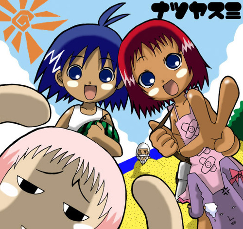 2boys, 2girls, beach, blue_hair, blush_stickers, chourou, cloud, day, guu_(jungle_wa_itsumo), hare_(jungle_wa_itsumo), jungle_wa_itsumo_hare_nochi_guu, lowres, mari_(jungle_wa_itsumo), multiple_boys, multiple_girls, pink_hair, pokute, red_hair, short_hair, sky, sun, v, village_elder, w