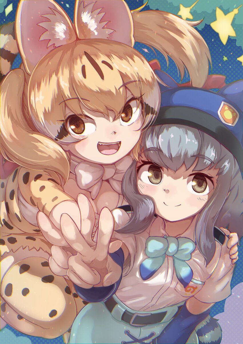 2girls, animal_ears, belt, blue_headwear, bow, bowtie, brown_eyes, brown_hair
