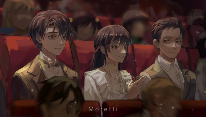 1girl, 2boys, benson_moretti, black_hair, black_jacket, black_vest, blurry, blurry_background