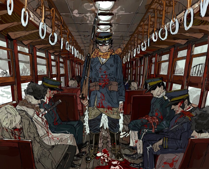 6+boys, arisaka, blood, blood_on_clothes, blood_on_face, blue_jacket, bolt_action, character_request, death, golden_kamuy, gomibaketsu3, grey_jacket, gun, highres, human_scabbard, imperial_japanese_army, intestines, jacket, looking_at_viewer, military_uniform, multiple_boys, rifle, scarf, sketch, snow, train_interior, weapon, yellow_scarf