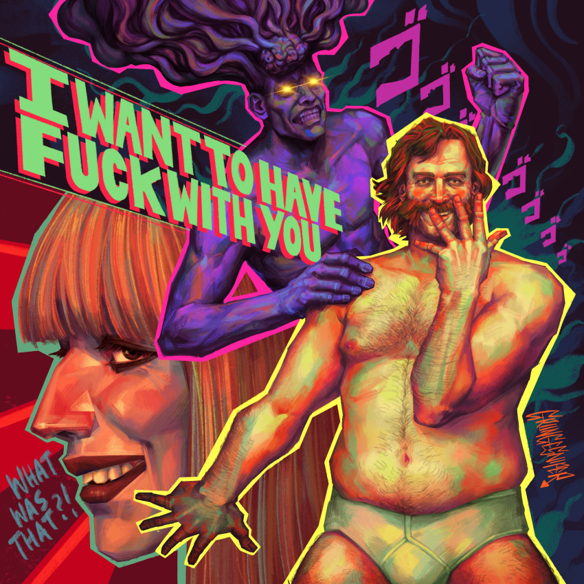 1boy, 1girl, 1other, artist_name, beard, briefs, brown_hair, chest_hair, clenched_hand, colored_skin, disco_elysium, english_text, facial_hair, grungesniper, hand_up, harry_du_bois, highres, jojo_no_kimyou_na_bouken, jojo_pose, klaasje_amandou, male_underwear, menacing_(jojo), mustache, navel, nipples, purple_hair, purple_skin, stand_(jojo), suggestion_(disco_elysium), topless_male, underwear, white_male_underwear, yellow_eyes