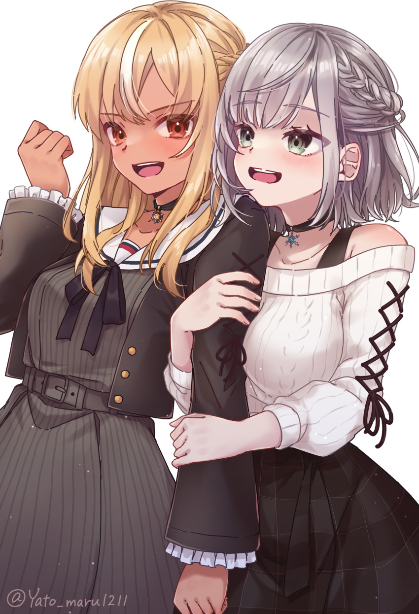 2girls, absurdres, arm_hug, black_choker, black_skirt, black_vest, blonde_hair, blush, braid, breasts, brown_eyes, choker, crown_braid, dark-skinned_female, dark_skin, green_eyes, grey_hair, highres, hololive, large_breasts, long_hair, looking_at_another, medium_hair, multicolored_hair, multiple_girls, official_alternate_costume, open_mouth, sailor_collar, shiranui_flare, shiranui_flare_(street), shirogane_noel, shirogane_noel_(casual), sidelocks, skirt, smile, streaked_hair, sweater, teeth, upper_teeth_only, vest, virtual_youtuber, white_background, white_hair, white_sailor_collar, white_sweater, yato_maru
