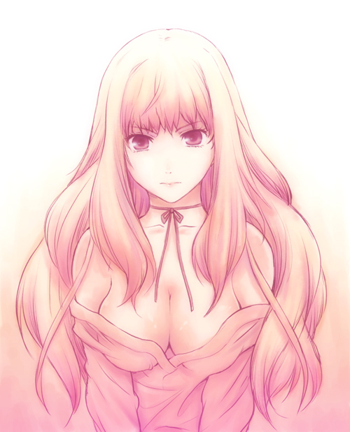 1girl, bare_shoulders, blonde_hair, breasts, cleavage, female_focus, hirokawa_tomo, large_breasts, long_hair, macross, macross_frontier, sheryl_nome, solo