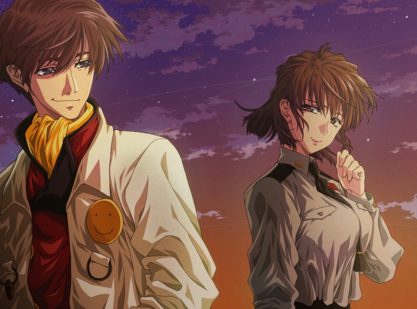 1boy, 1girl, ascot, badge, between_breasts, black_necktie, breast_pocket, breasts