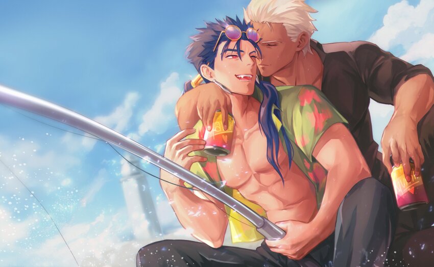 2boys, abs, archer_(casual_wear)_(fate), archer_(fate), black_pants, black_shirt, blue_sky, can, cloud, collarbone, commentary, couple, cu_chulainn_(aloha_shirt)_(fate), cu_chulainn_(fate), cu_chulainn_(lancer)_(fate), drink_can, earrings, english_commentary, fate/grand_order, fate_(series), fishing, fishing_rod, gravesecrets, hawaiian_shirt, highres, holding, holding_can, holding_fishing_rod, jewelry, long_hair, looking_at_another, male_focus, mature_male, multiple_boys, one_eye_closed, open_clothes, open_mouth, open_shirt, pants, pectorals, ponytail, purple_hair, red_eyes, sharp_teeth, shirt, sky, soda_can, teeth, water_drop, white_hair, yaoi