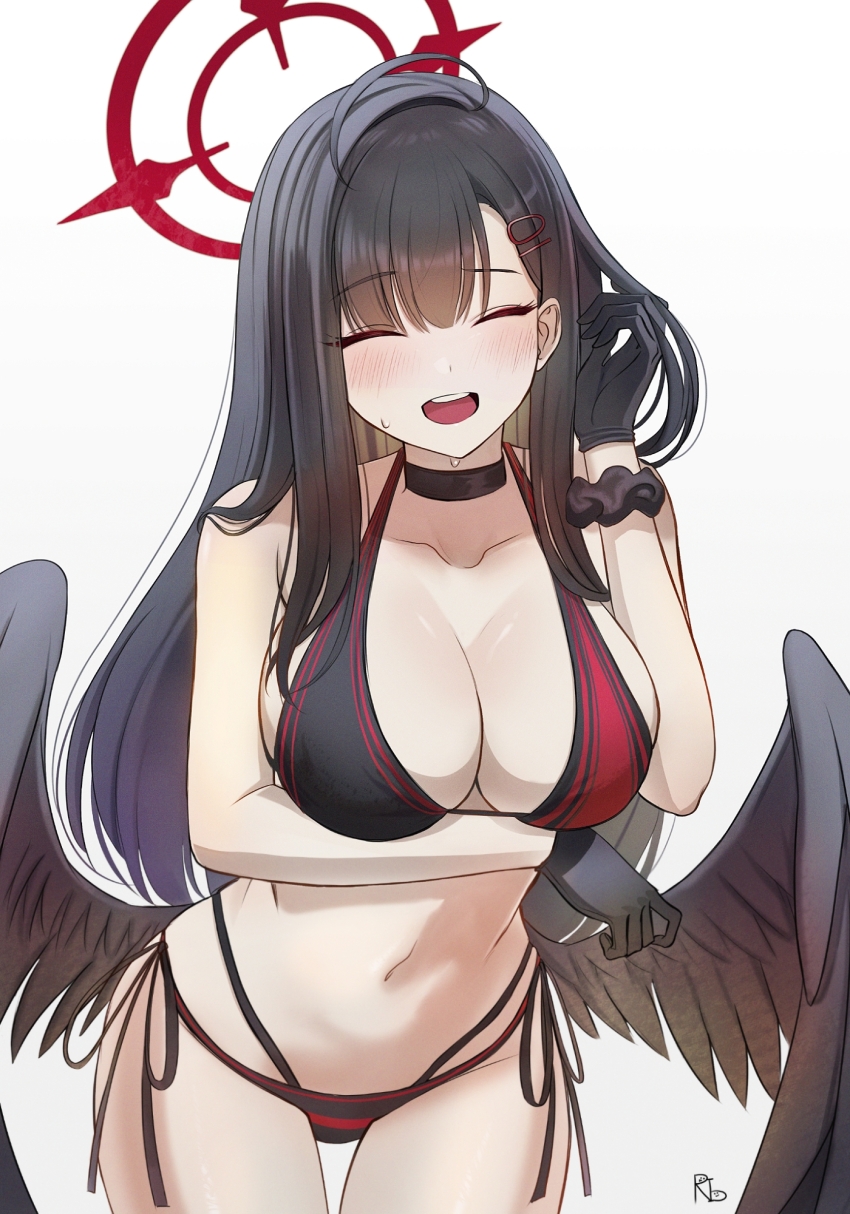 1girl, ^_^, alternate_costume, arm_under_breasts, bikini, black_choker, black_gloves, black_hair