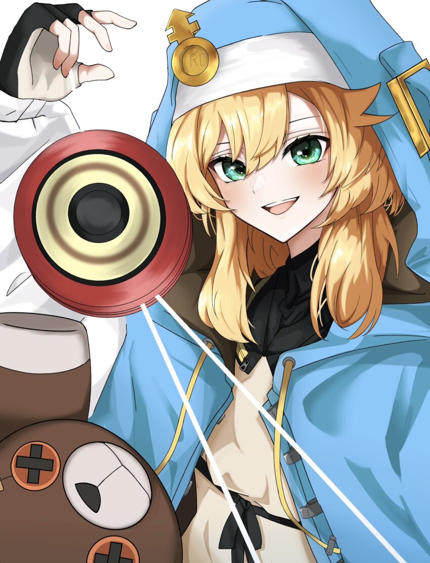 1boy, androgyne_symbol, black_gloves, blonde_hair, blush, bridget_(guilty_gear), fingerless_gloves, gloves