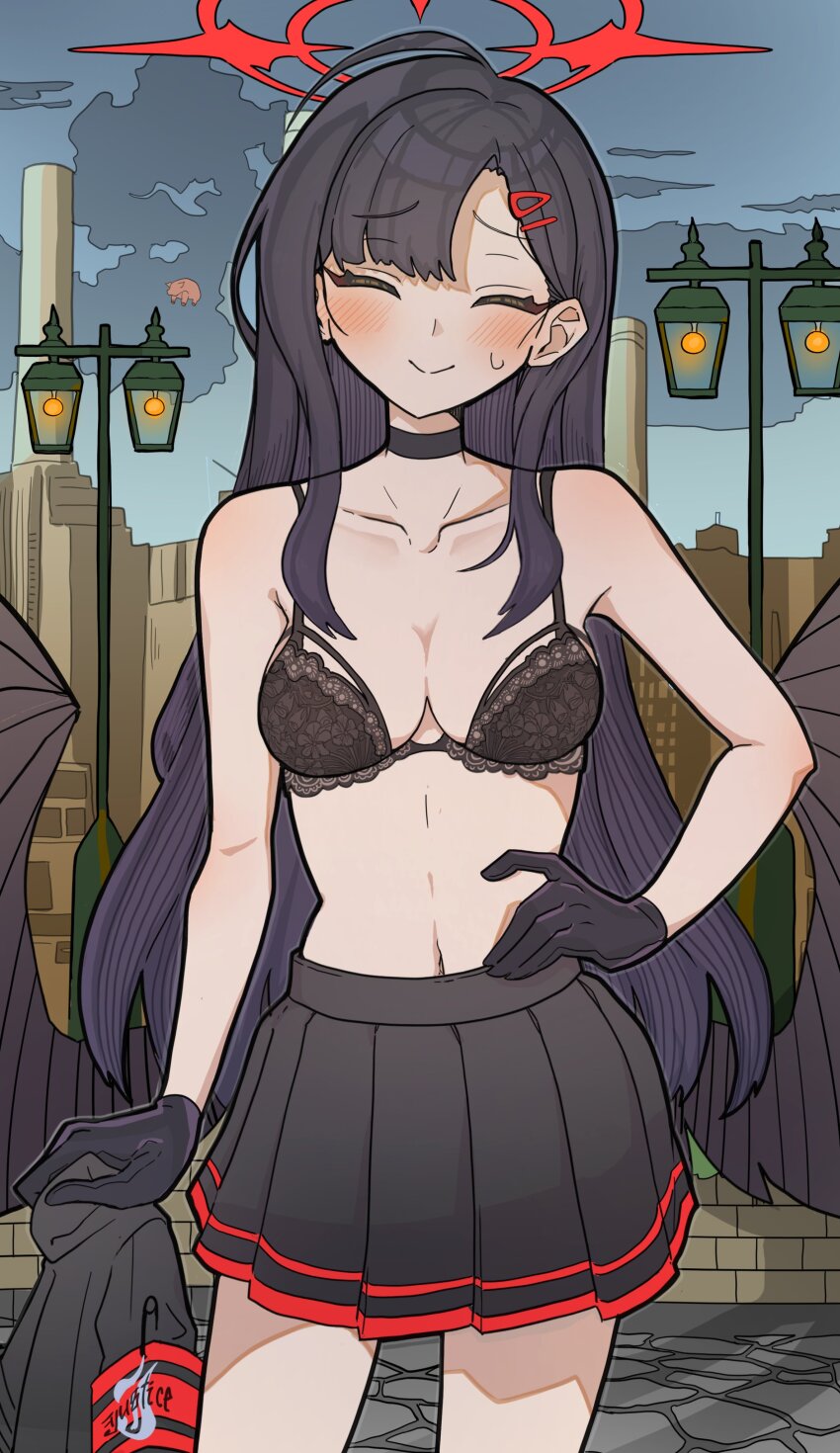 1girl, absurdres, armband, black_bra, black_gloves, black_hair, black_serafuku, black_skirt