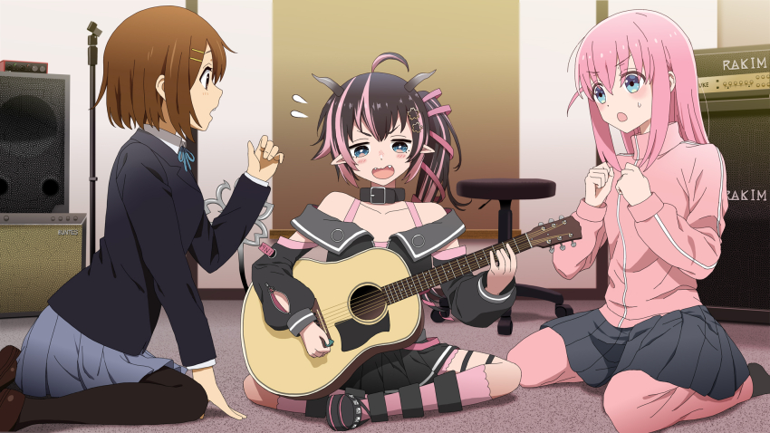 3girls, acoustic_guitar, ahoge, amplifier, belt, belt_collar, black_belt, black_footwear