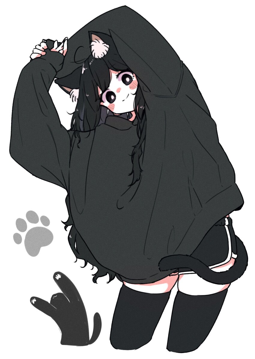 1girl, animal_ears, black_eyes, black_hair, black_hoodie, black_shorts, black_thighhighs, cat_ears