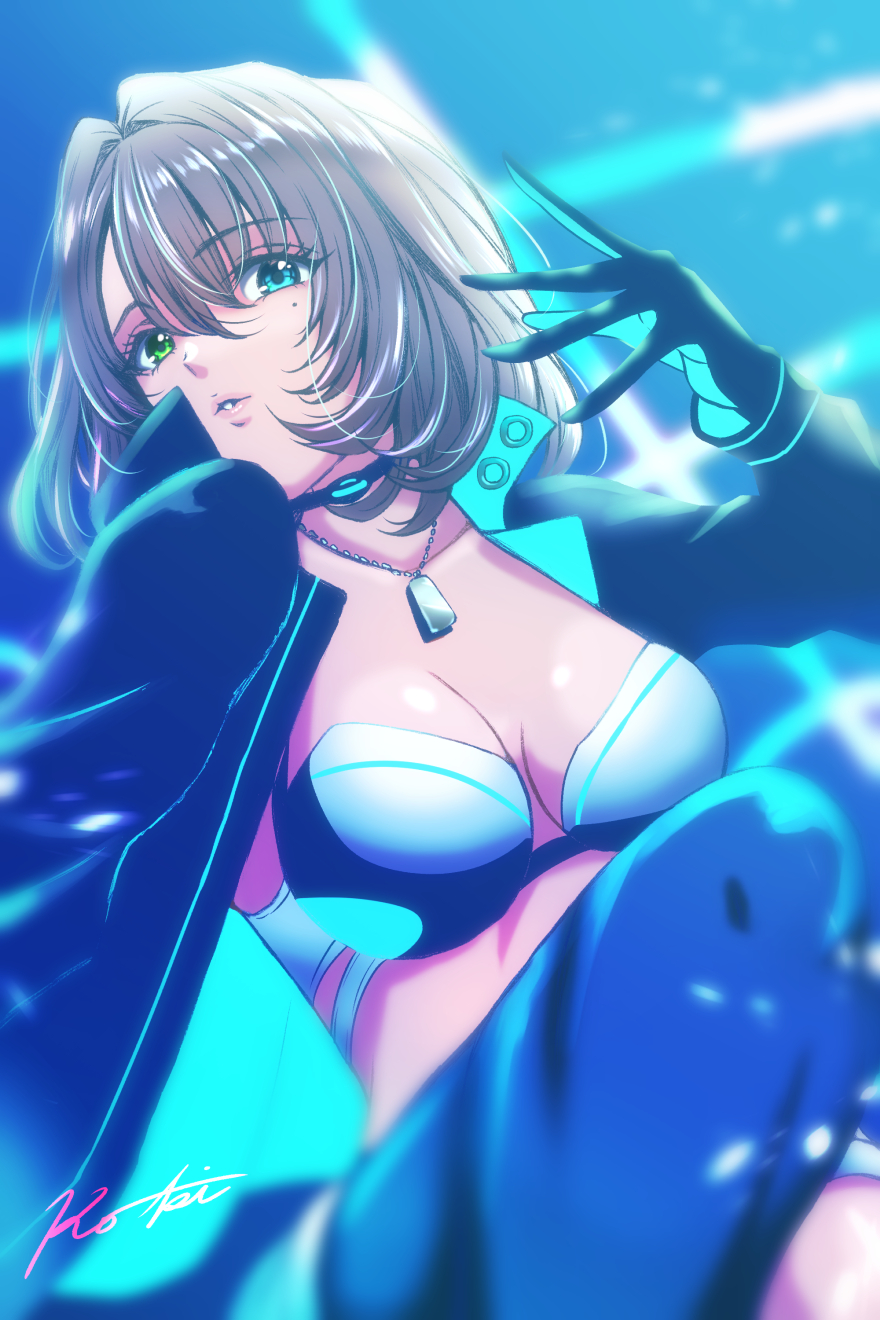 1girl, asymmetrical_legwear, bikini, bikini_top_only, bikini_under_clothes, black_choker, blue_eyes, blue_pantyhose