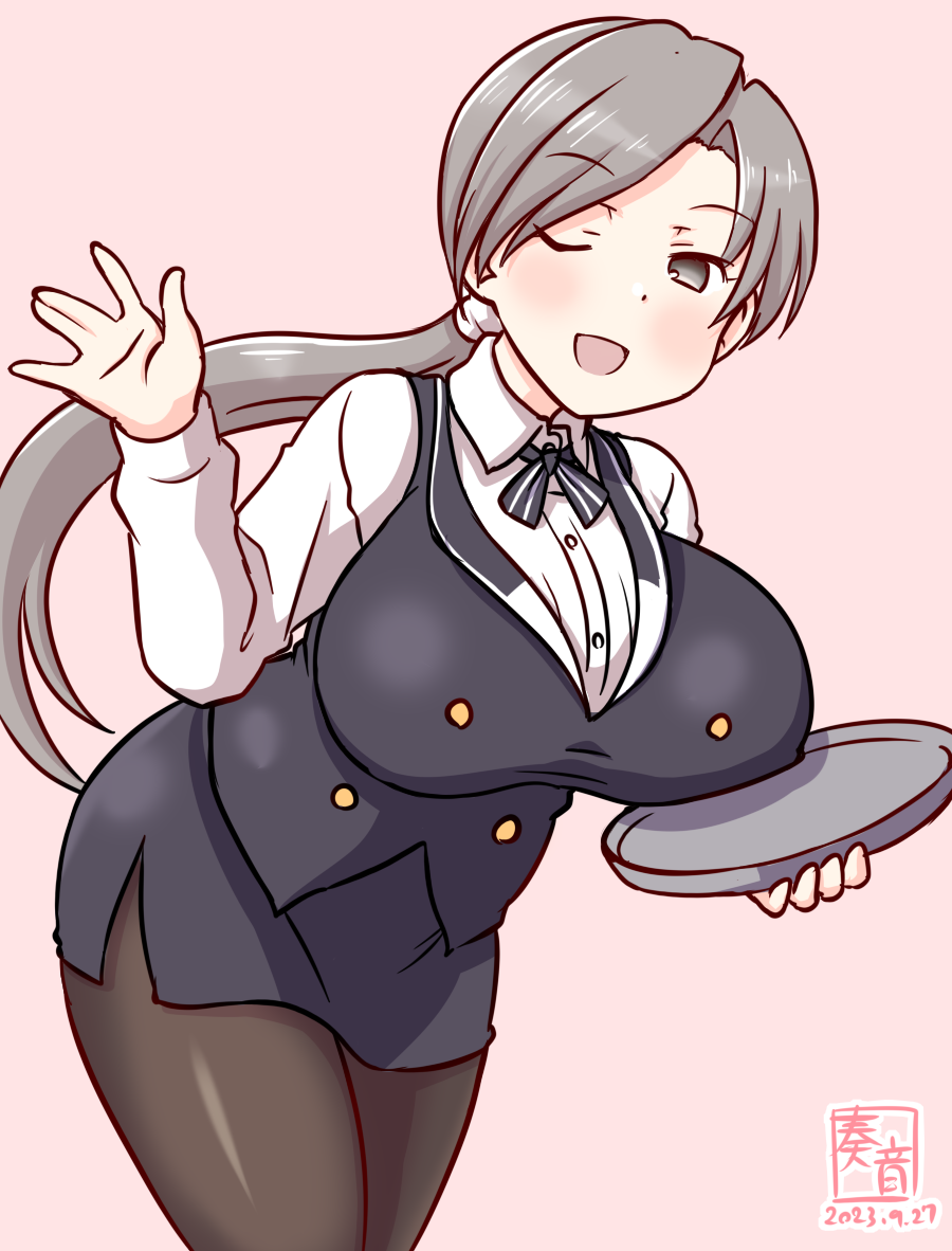 1girl, aoyama_blue_mountain, aoyama_blue_mountain_(cosplay), artist_logo, black_pantyhose, black_skirt, black_vest, breasts