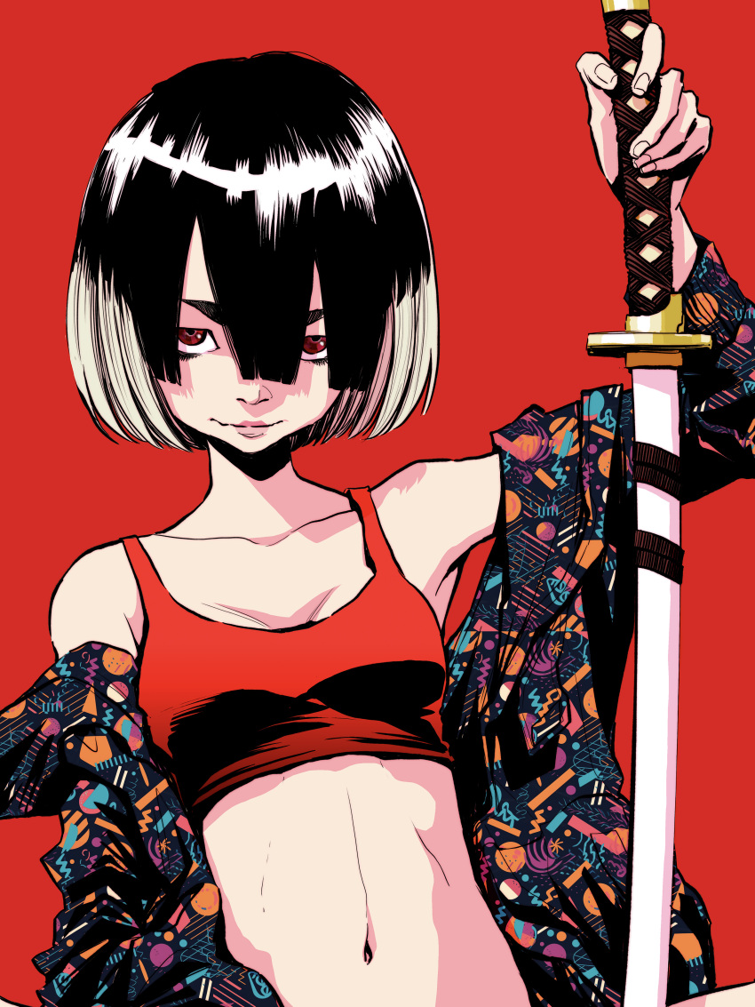 1girl, absurdres, asano_inio, bare_shoulders, black_hair, bob_cut, breasts, collarbone, colored_tips, commentary_request, crop_top, evil_smile, hair_between_eyes, highres, holding, holding_sword, holding_weapon, jacket, katana, linea_alba, looking_at_viewer, medium_hair, midriff, mujina_(mujina_into_the_deep), mujina_into_the_deep, multicolored_hair, navel, off_shoulder, red_background, red_eyes, simple_background, small_breasts, smile, sword, thick_eyebrows, two-tone_hair, upper_body, weapon, white_hair