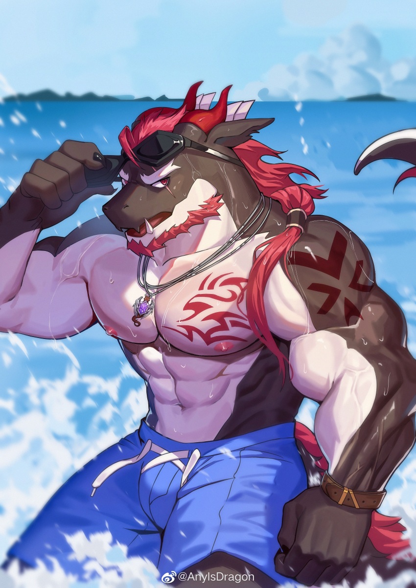 1boy, abs, absurdres, alternate_costume, animal_ears, artist_request, bara, beard
