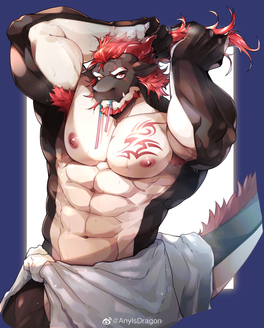 1boy, absurdres, animal_ears, armpit_hair, arms_up, bara, beard, chest_tattoo