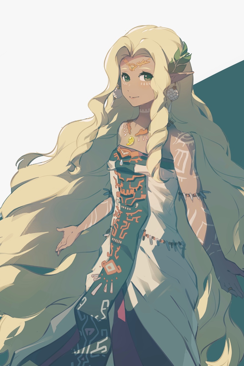 1girl, absurdres, blonde_hair, body_markings, breasts, closed_mouth, commentary, dark-skinned_female, dark_skin, dress, earrings, facial_mark, ganezugarrrrr, green_eyes, hair_ornament, highres, jewelry, large_ears, long_hair, looking_at_viewer, magatama, magatama_necklace, necklace, nintendo, pointy_ears, small_breasts, smile, solo, sonia_(zelda), strapless, strapless_dress, sundelion, tattoo, the_legend_of_zelda, the_legend_of_zelda:_tears_of_the_kingdom, tooth_necklace, very_long_ears, very_long_hair, white_dress, zonai