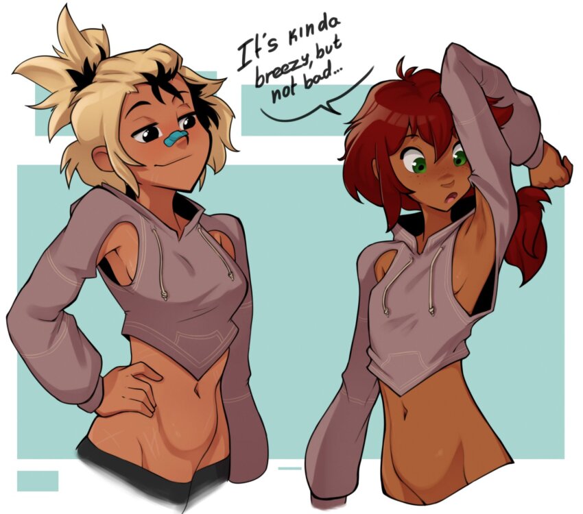 2girls, arm_up, armpit_cutout, armpit_hoodie, armpits, bandaid, bandaid_on_face, bandaid_on_nose, beck_shiloh, bike_shorts, black_eyes, black_hair, blonde_hair, borrowed_character, breasts, brown_hoodie, clothing_cutout, commentary, cropped_hoodie, crossover, dark-skinned_female, dark_skin, english_commentary, english_text, flat_chest, freckles, green_eyes, groin, hair_dye, hand_on_own_hip, highres, hood, hood_down, hoodie, long_hair, low_ponytail, lowleg, lowleg_shorts, malberrybush, malyna_(malberrybush), medium_breasts, multicolored_hair, multiple_girls, navel, no_bra, no_panties, no_pants, original, out-of-frame_censoring, pac-man_eyes, petite, ponytail, red_hair, short_hair, short_ponytail, shorts, small_breasts, speech_bubble, toned, two-tone_hair, upper_body