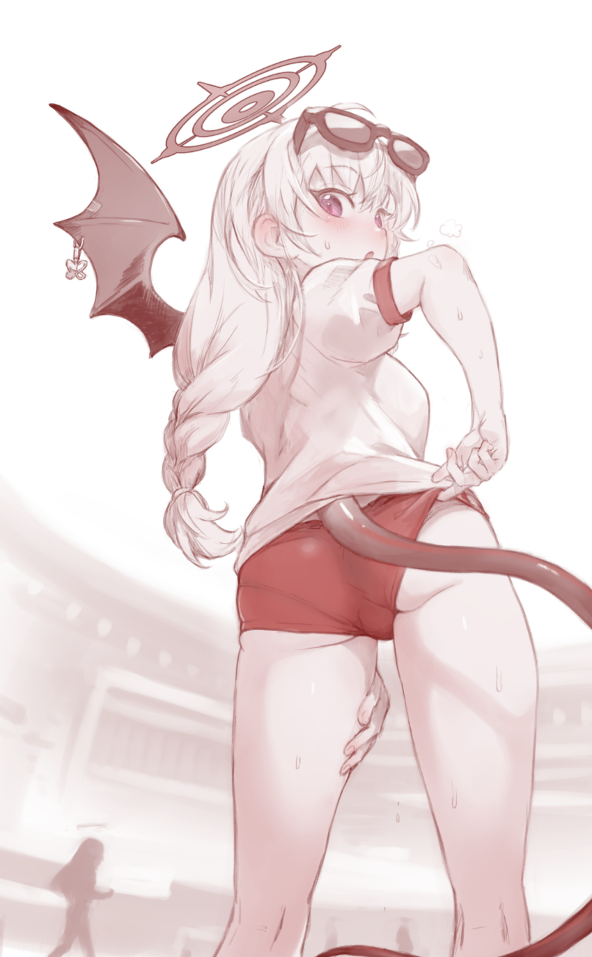 1girl, 1other, absurdres, adjusting_buruma, adjusting_clothes, ass, blue_archive, blush