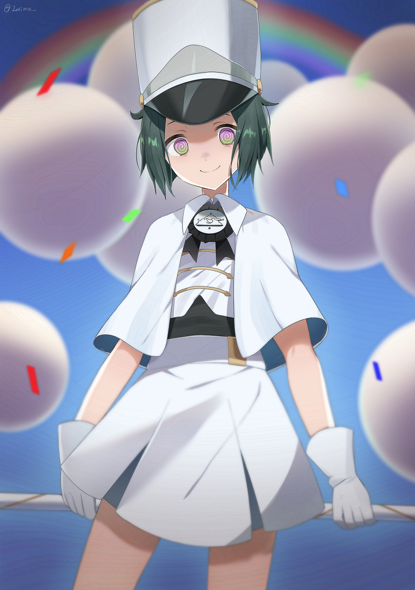 1girl, @_@, absurdres, black_hair, cape, closed_mouth, gloves, green_eyes