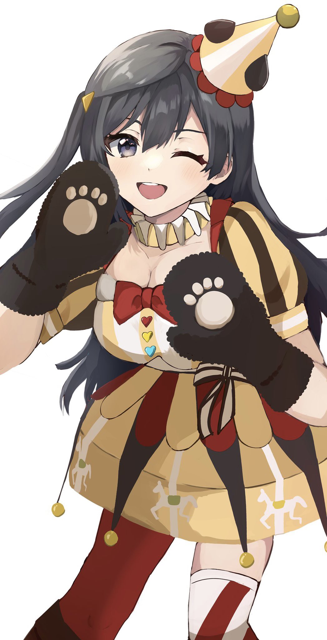 1girl, asymmetrical_legwear, black_hair, black_mittens, breasts, cleavage, dress, grey_eyes