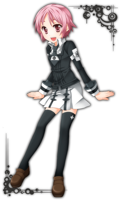 1girl, asura_cryin', cosplay, female_focus, full_body, gradient_background, koyama_kimiko, legs, mugomumu, parody, pink_eyes, pink_hair, school_uniform, solo, thighhighs, toaru_majutsu_no_index, tsukuyomi_komoe, voice_actor_connection, white_background