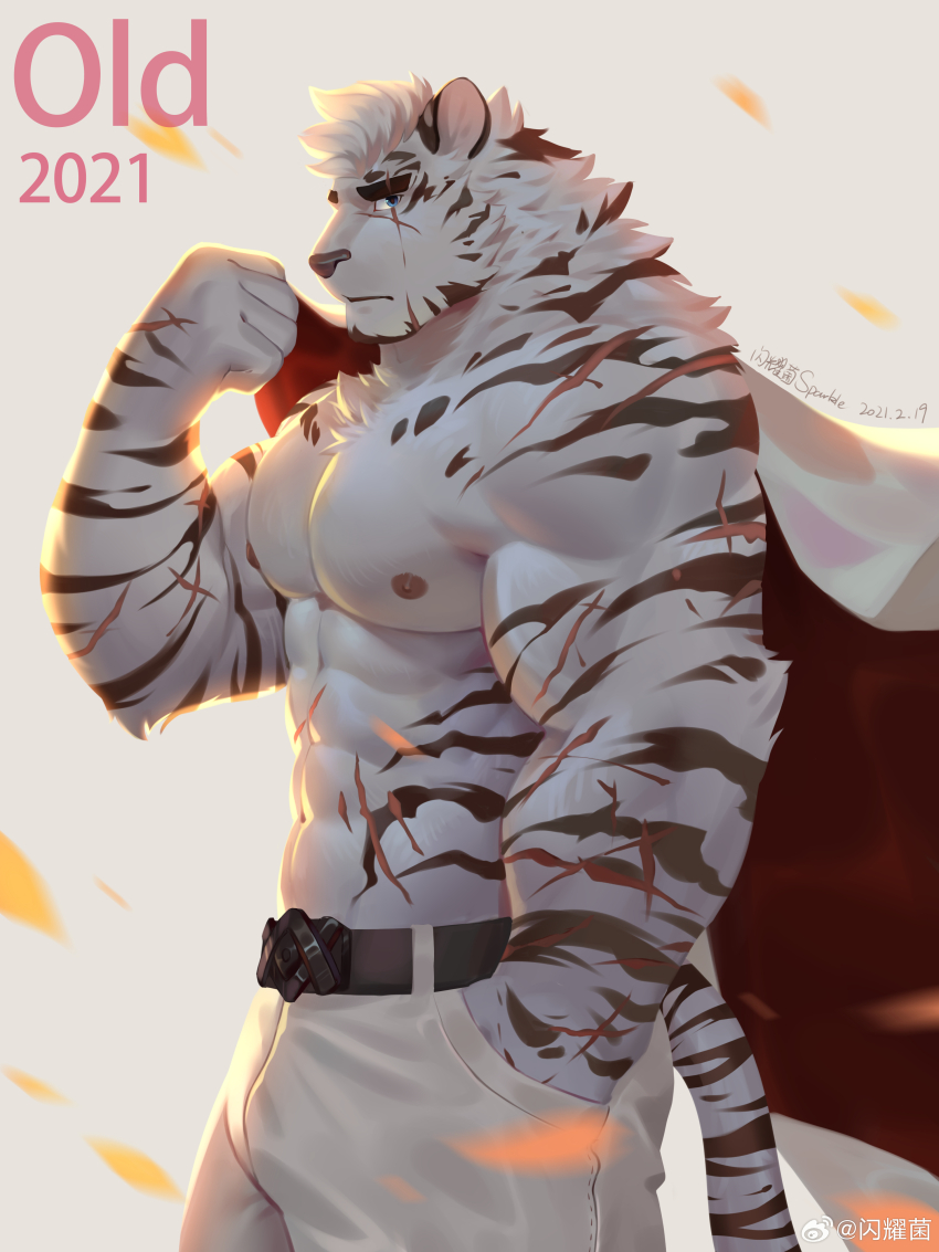 1boy, abs, absurdres, animal_ears, arknights, backlighting, bara, belt