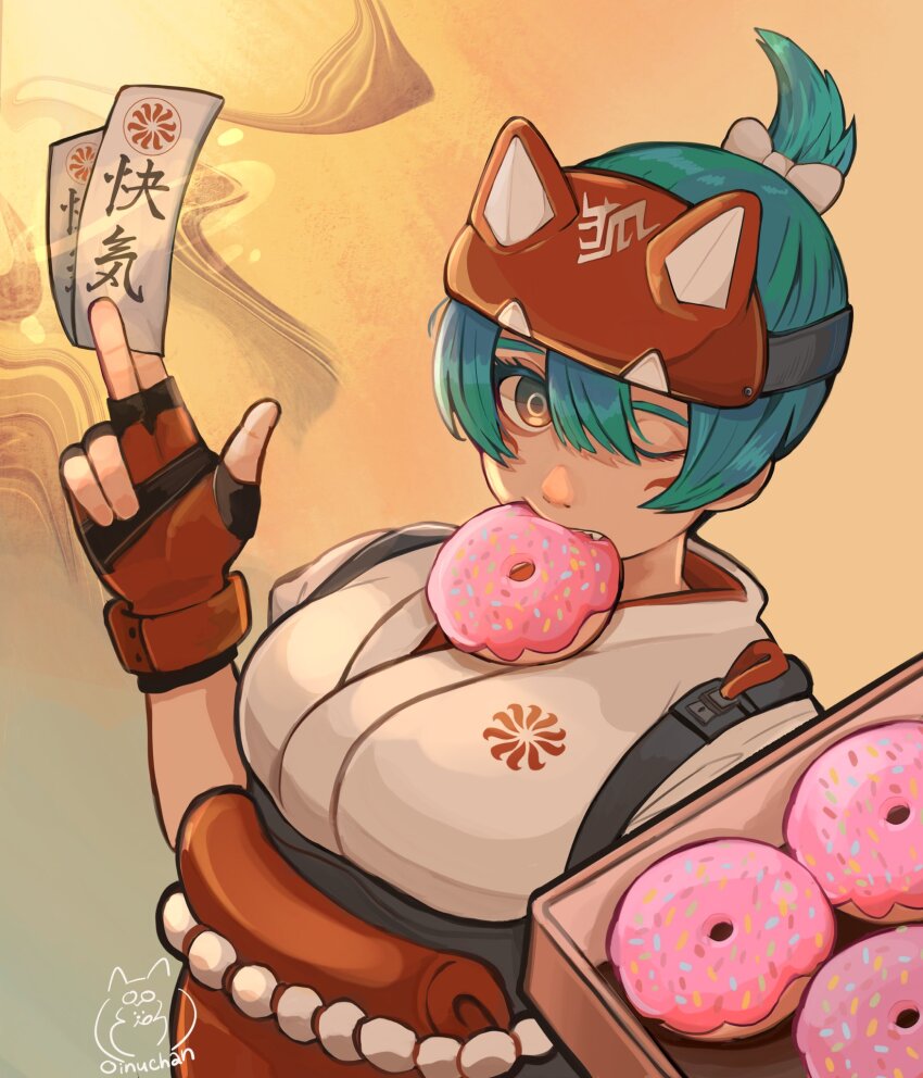 1girl, animification, artist_name, blue_hair, box, commentary, donut, fang