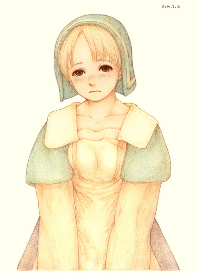 1girl, blonde_hair, brown_eyes, chemist_(fft), dress, female_focus, final_fantasy, final_fantasy_tactics, headdress, jiffy, short_hair, simple_background, solo, white_background