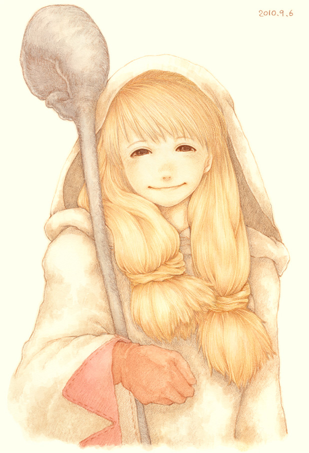 1girl, blonde_hair, brown_eyes, female_focus, final_fantasy, final_fantasy_tactics, gloves, hood, jiffy, long_hair, robe, solo, staff, white_background, white_mage, white_mage_(fft), white_mage_(final_fantasy)