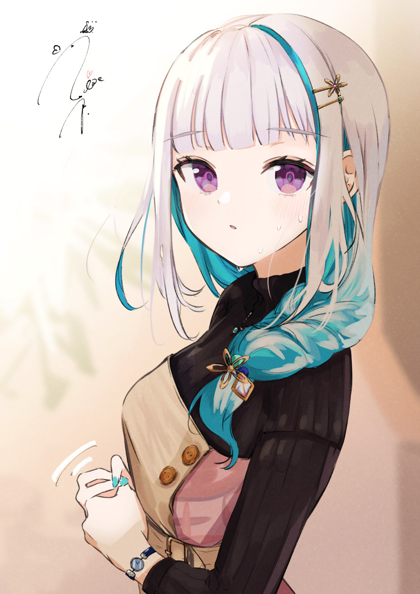 1girl, absurdres, blue_hair, braid, from_side, grey_hair, hair_ornament, hairclip