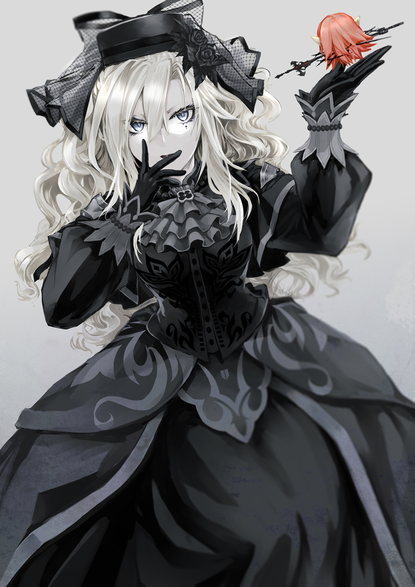 1girl, ascot, black_dress, black_flower, black_gloves, black_headwear, black_rose, breasts
