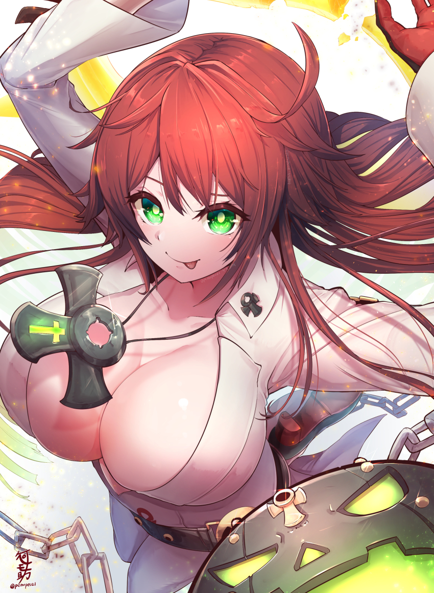 1girl, absurdres, ankh_necklace, ball_and_chain_(weapon), ball_and_chain_restraint, belt, belt_buckle, black_gloves