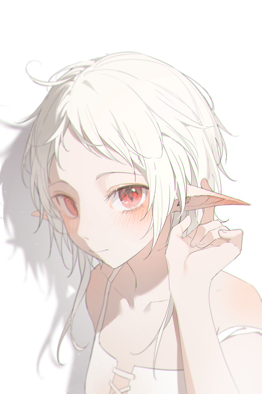 1girl, absurdres, ahoge, blush, closed_mouth, elf, hand_up, highres