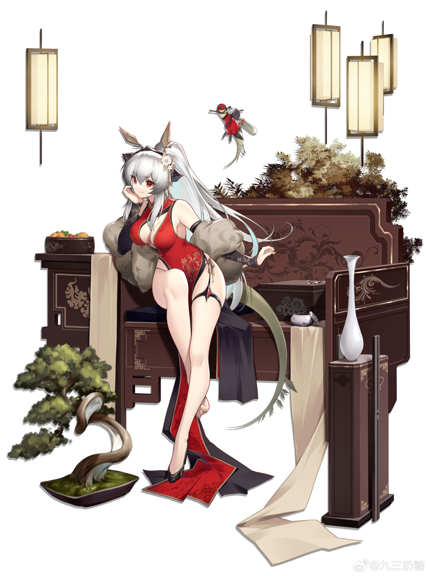 1girl, absurdres, alternate_costume, arknights, arm_support, arm_warmers, bare_shoulders, black_arm_warmers, black_shoes, bowl, breasts, china_dress, chinese_clothes, cleavage, cleavage_cutout, closed_mouth, clothing_cutout, commentary_request, dress, flower, food, fur_shawl, grey_hair, grey_shawl, hand_on_own_chin, highres, jiusan_naitang, large_breasts, leaf_(arknights), long_hair, looking_at_viewer, medium_breasts, pelvic_curtain, ponytail, red_dress, red_eyes, shawl, shoes, single_bare_foot, sitting, sleeveless, sleeveless_dress, smile, solo, tree, vase, very_long_hair, weedy_(arknights), white_flower, wide_shot