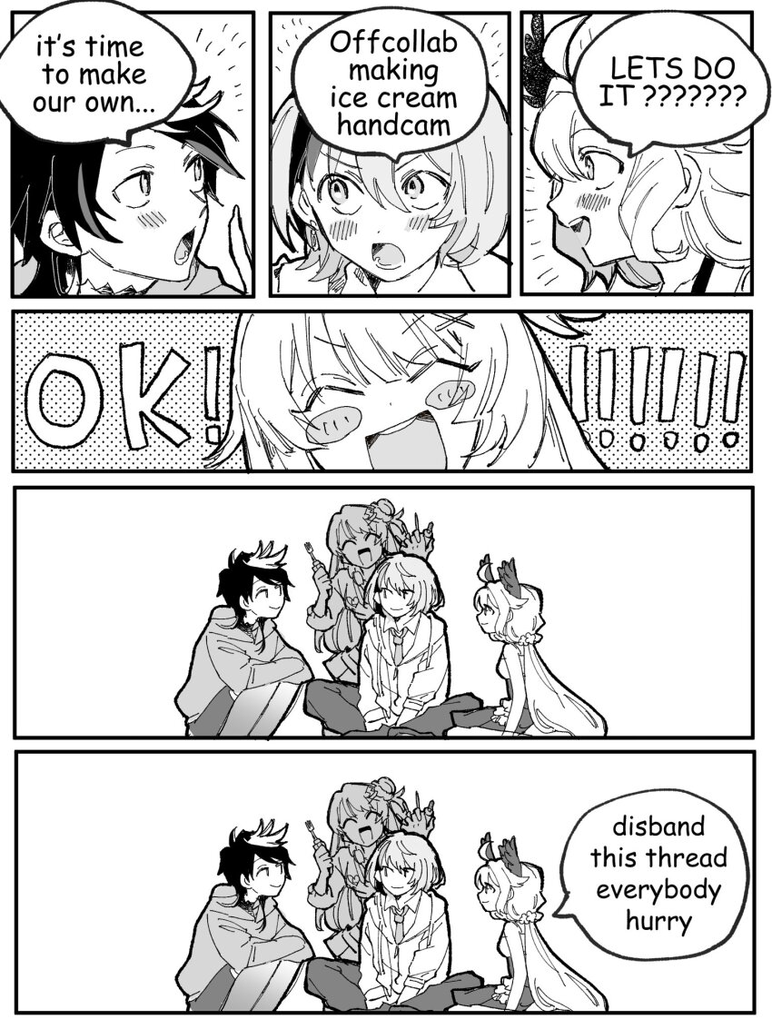 2boys, 2girls, comic, english_text, enna_alouette, greyscale, highres, kotoka_torahime