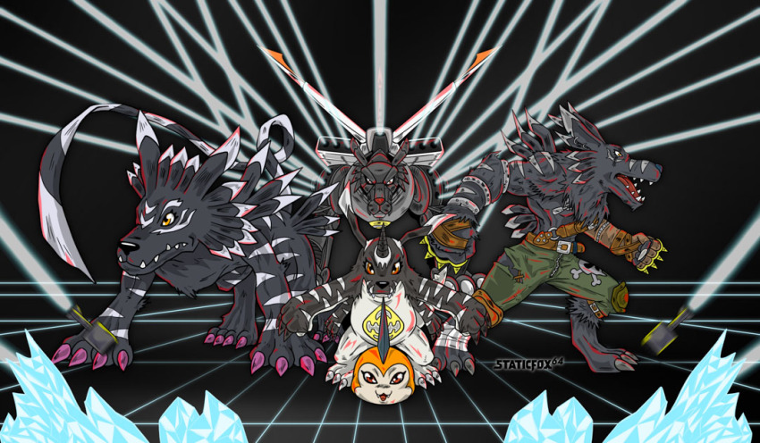 digimon, digimon_(creature), gabumon_(black), garurumon_(black), horns, looking_at_viewer, metalgarurumon_(black), sharp_teeth