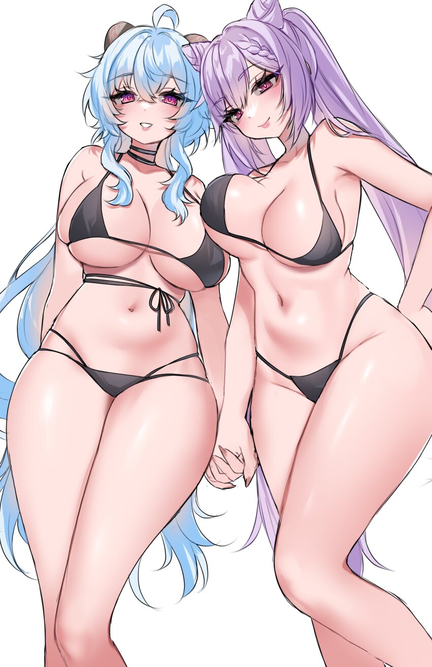 2girls, absurdres, ahoge, bikini, black_bikini, blue_hair, blush, breast_press