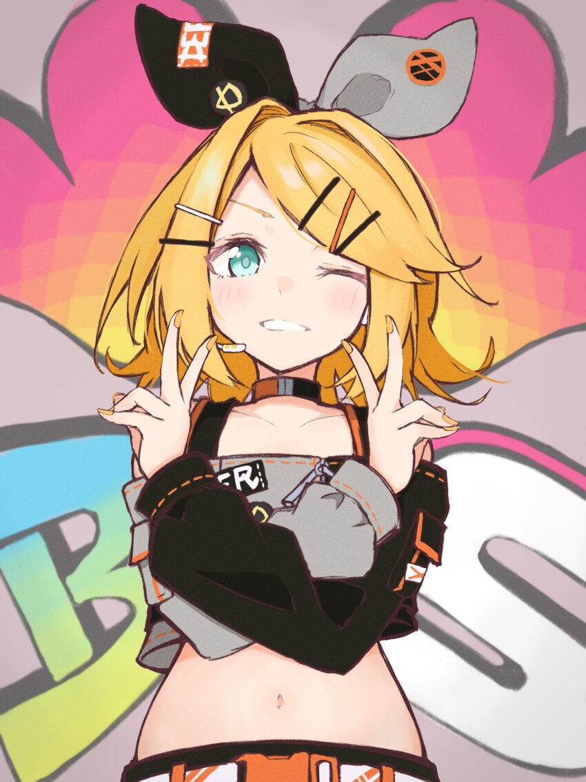 1girl, aqua_eyes, asymmetrical_clothes, bare_shoulders, black_bow, black_shorts, blonde_hair, bow, buckle, choker, cidre_db, collarbone, commentary, crop_top, crossed_arms, double_v, graffiti, grey_bow, grey_shirt, grin, hair_bow, hair_ornament, hairclip, highres, kagamine_rin, light_blush, looking_at_viewer, medium_hair, midriff, navel, one_eye_closed, project_sekai, shirt, shorts, smile, snap-fit_buckle, solo, swept_bangs, two-tone_bow, v, vivid_bad_squad_(project_sekai), vivid_bad_squad_rin, vocaloid, yellow_nails