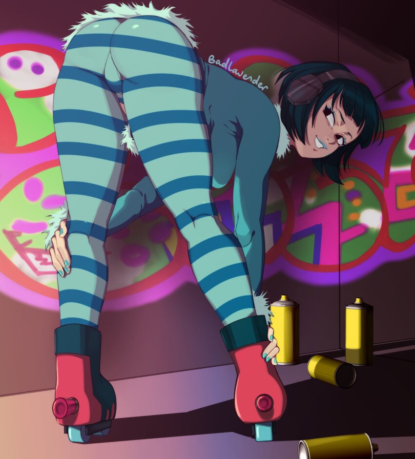 1girl, absurdres, ass, badlavender, bent_over, blue_hair, dark_blue_hair, headphones, highres, jet_set_radio, legs, mew_(jsr), pants, short_hair, solo, striped_clothes, striped_pants