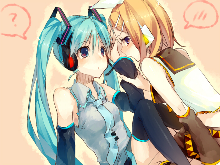 2girls, aobara, detached_sleeves, hair_ornament, hairclip, hatsune_miku, headset, kagamine_rin